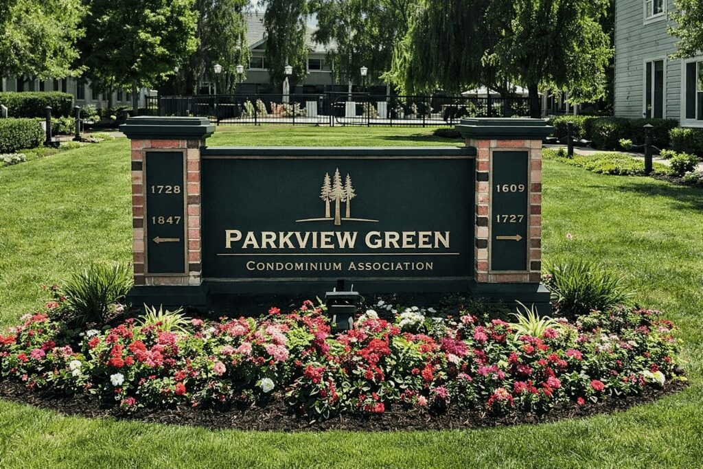 Entrance sign for Parkview Green Condominium Association surrounded by flowers.