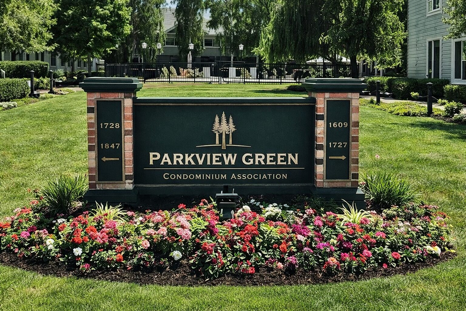 Entrance sign for Parkview Green Condominium Association surrounded by flowers.